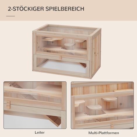 Cage rongeur PawHut en bois naturel, 2 étages, 60x35x42 cm, habitat pour hamster, souris, rat, avec couvercle grillagé à charnières, abreuvoir, rampe, balançoire, gamelle, enclos pour petits animaux. (1/4)