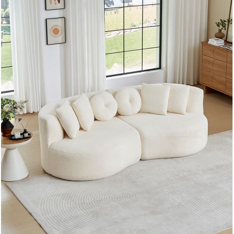 Divano modulare a 2 pezzi, forma organica a mezzaluna, schienale continuo, 6 cuscini, chenille beige