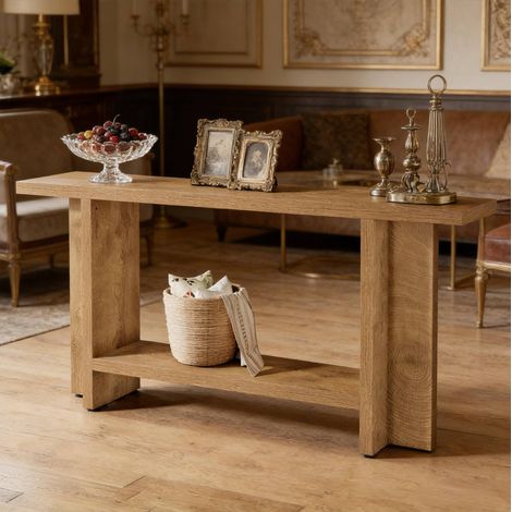 Console 2 niveaux en MDF marron 150 x 30 x 80 cm OKWISH (1/5)