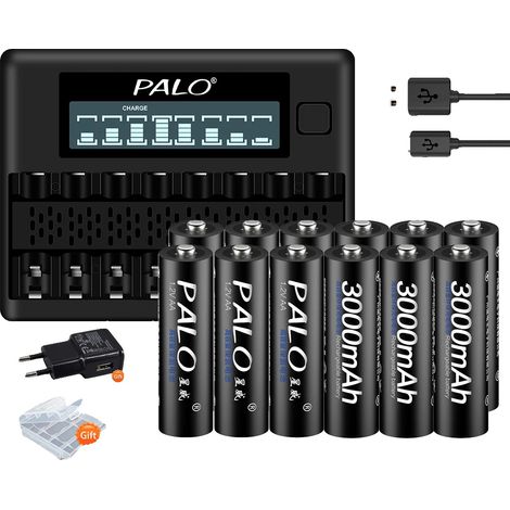 Batería recargable, capacidad de 3000 mAh, cargador inteligente, 12 baterías, 1 cargador (1/2)