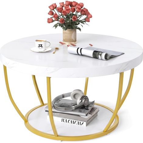COSTWAY Tavolino da Caffè Rotondo a 2 Ripiani, Tavolo da Salotto in Legno con Struttura in Metallo, Tavolino Soggiorno Industriale con Piedini Regolabili, 80 x 80 x 45 cm (Bianco) (1/5)