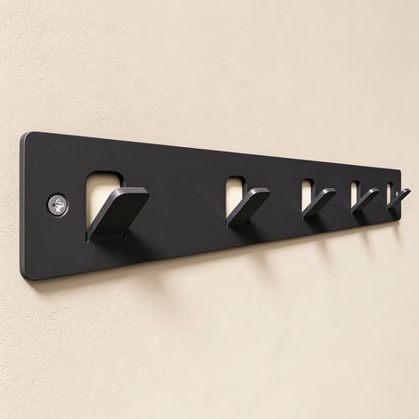 doporro Garderobenleiste mit 5 Haken, Wandgarderobe mit Garderobenhaken, Kleiderhaken Wand, Hakenleiste, selbstklebend oder zum Bohren, für Flur, Bad und Küche, Schwarz, Stalo-14 (1/5)