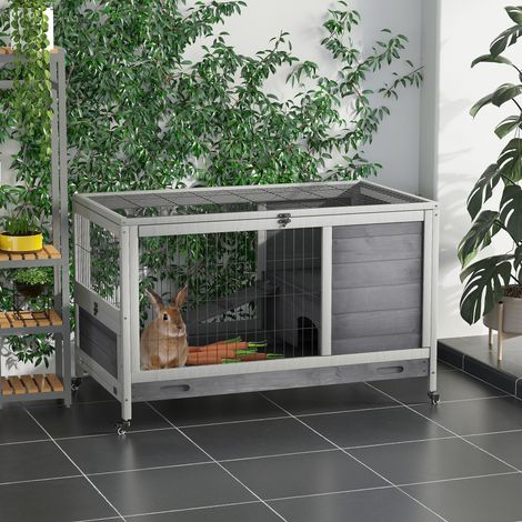 Enclos en Bois avec 4 Roues, Maison pour Lapins et Rampe, 90x53x59cm, Gris (1/5)