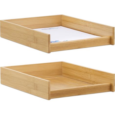 Set of 2 Relaxdays Wooden Document Filing Trays, Stackable, DIN A4 Letter Rack, Flat, Desk, Bamboo, 6x25x33 cm, Natural (1/5)