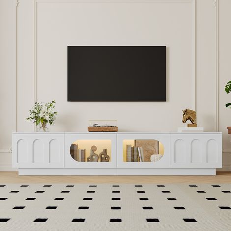 Meuble TV blanc 200 cm avec 4 portes dont 2 vitrées et éclairage LED réglable par application sur socle pour salon (1/5)