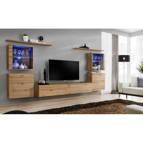 Ensemble mural - Switch XIV - 4 vitrines - 1 banc TV - 2 étagères - Bois - Livraison gratuite