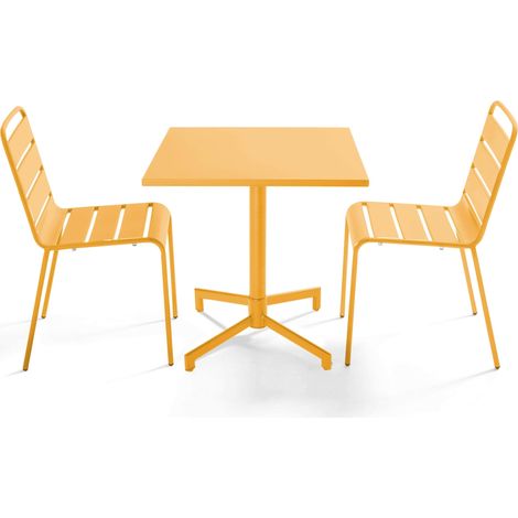Ensemble table 70 cm et 2 chaises de jardin en métal jaune - Palavas