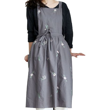 Tablier de cuisine brodé de fleurs, imperméable et résistant à l'usure, gris foncé, idéal pour la pâtisserie, les cafés et la maison. (1/5)
