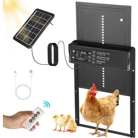 TONYSA Porte automatique de poulailler avec minuterie d'affichage LCD à piles à énergie solaire et capteur anti-pincement télécommande en aluminium étanche