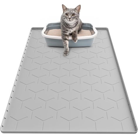 Tapis pour litière pour chat, grand format (86 x 56 cm), en silicone imperméable, gris. (1/5)