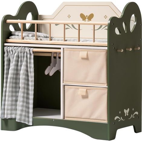 Lit de poupée en bois avec armoire, linge de lit, espace de rangement et crochets, pour poupées jusqu'à 51 cm, pour filles à partir de 3 ans (vert)