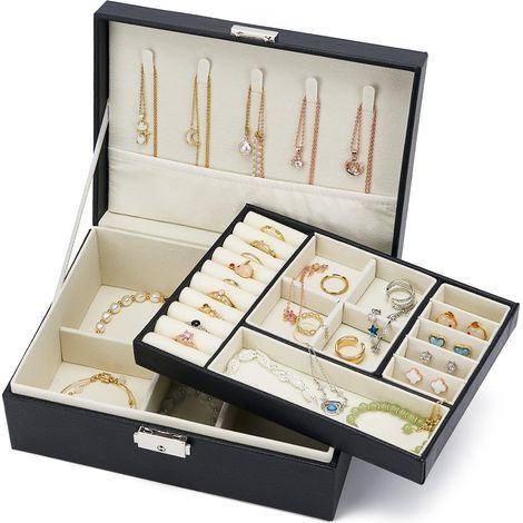 Girls Two Layer Jewelery Box, Pu Leather Lockable Jewelery Box, Jewelery Storage for Storing Rings Earrings Necklace Bracelet, Jewelery Boxes for Girls Women (Black) (1/5)