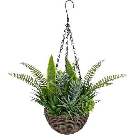 Plante artificielle à suspendre de 50 cm avec fougères et plantes grasses dans un panier noir - Plante d'intérieur artificielle réaliste pour décoration d'intérieur et de jardin (1/5)