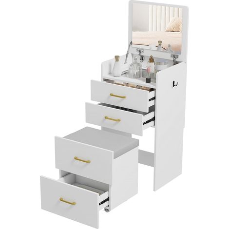 3-in-1-Schminktisch mit Spiegel, Nachttisch, Rollhocker, Schubladen, Weiß (1/5)