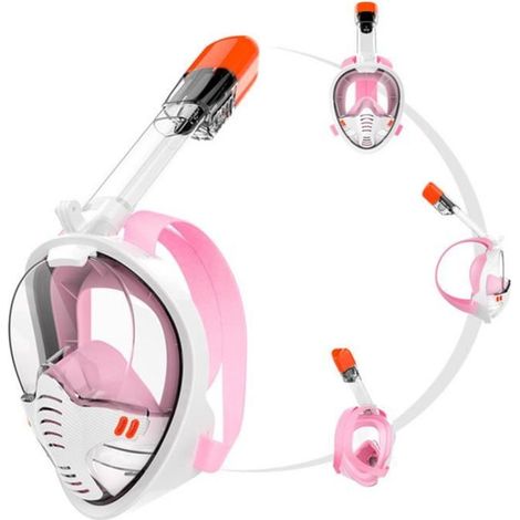 masque de plonge avec tuba Anti-brouillard Plein Visage 180pour Enfants/Adultes - Blanc / rose - Taille L/XL