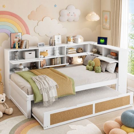 Schlafsofa 90x200 cm Weiß aus Holz mit Ausziehbett, USB-Anschluss, Stauraum und Rattan-Detail (1/5)