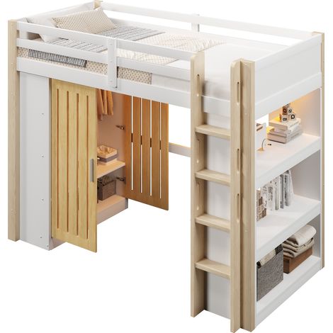 Lit mezzanine 90x200 avec éclairage led, armoire et étagères, rangements intégrés gain de place pour chambre ado, bois, blanc et naturel (1/5)