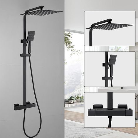 Auralum Max Columna Ducha Negra con Rociador Ducha 30x30cm Cuadrado Acero Inoxidable 304 y Grifo Ducha Termostatico de Latón, Columna Altura Adjustable entre 80-124cm, Compatible con Orificios Existen (1/5)