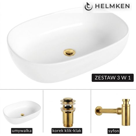 Lavabo de encimera Helmken 83660000 (60x42,5) blanco + sifón dorado + tapón de clic dorado (1/5)