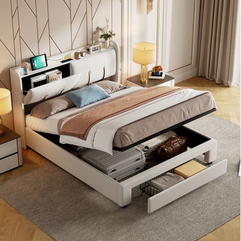 Letto matrimoniale 160 x 200 cm con contenitore idraulico, LED e porta USB, velluto beige OKWISH (1/5)