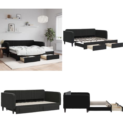 Lit de jour avec gigogne et tiroirs noir 90x190 cm velours - Canapé-lit - Lit gigogne (1/5)