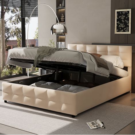 Lit rembourré élégant beige 180x200 cm avec tête de lit douce, sommier à lattes et coffre sous lit à relevage hydraulique (1/5)