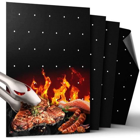 4-Pack tapis barbecue antiadhésif (trous), résistant 500°, facile nettoyage/réutilisation, compatible grils électrique/charbon (1/5)