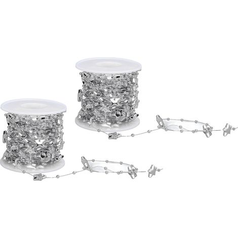 Guirlande de perles en forme d'étoile (2 rouleaux), 10 m de long, à couper, couleur argent. Idéale pour les mariages, Noël et la décoration intérieure. (1/5)