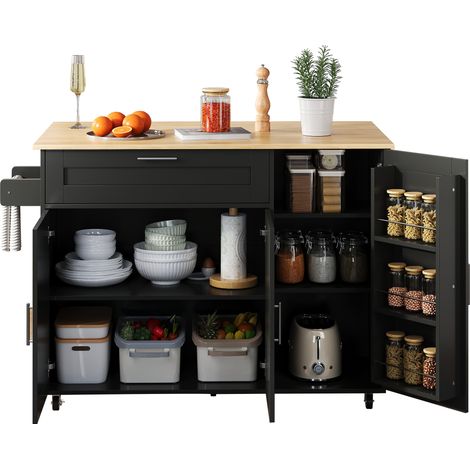 Carrello da Cucina con 2 Ante, 1 Cassetto, Ripiani Regolabili e Portasciugamani, in MDF, Nero e Naturale, 132,5 x 44 x 90 cm (1/5)