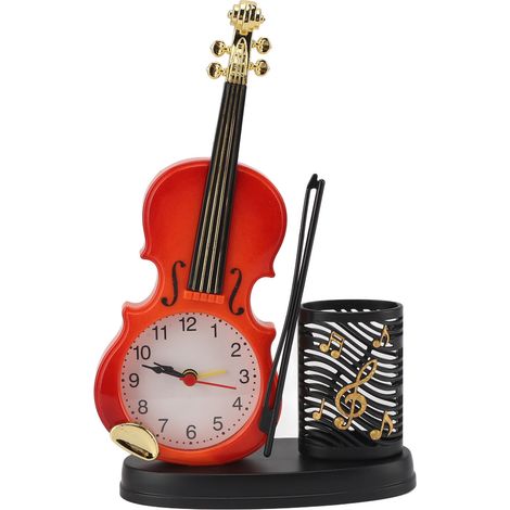 Réveil violon rétro avec taille-crayon intégré, horloge de table originale en forme de violon pour les mélomanes, marron (1/5)