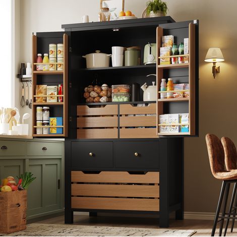 Buffet de cuisine 80x40x140 cm noir en MDF et métal avec 2 portes, 5 tiroirs et rangement polyvalent (1/5)