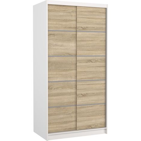 Petite armoire de chambre blanche 2 portes coulissantes en bois clair Rika 100cm (1/5)