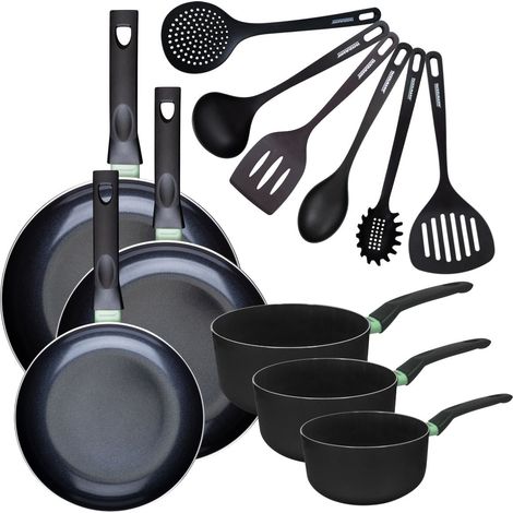 Set de 3 poêles 24 28 et 30 cm et 3 casseroles 16, 18 et 20 cm antiadhésives céramique et 6 ustensiles Fackelmann Brandao (1/5)