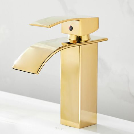 Modern faucet for bathroom and kitchen, waterfall effect, stainless steel, elegant design, hot and cold water mixer tap available, gold
