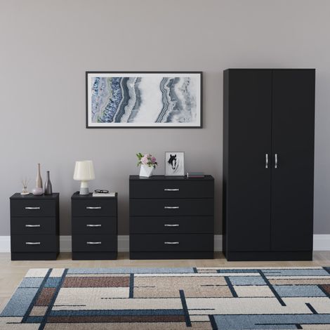 Riano 4 Piece Bedroom Set (3 Drawer Bedside Chest, 4 Drawer Chest, 2 Door Wardrobe) Black (1/5)
