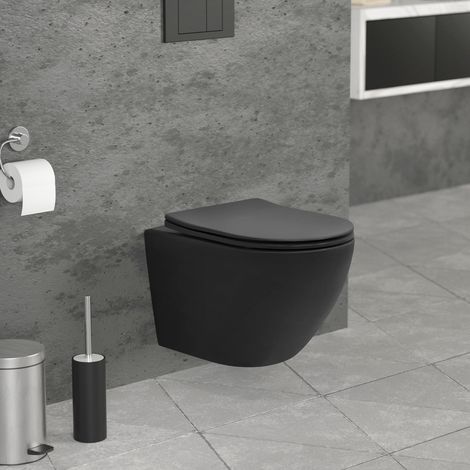 LuxeBath WC Suspendu sans Rebord, Court, Noir Mat, 49cm, Chasse d'Eau Tornade, en Céramique, Abattant Softclose Amovible en Duroplast, Cuvette Suspendue avec Siège de Toilette à Fermeture Automatique (1/5)