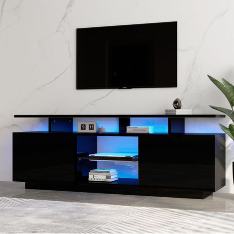 Meuble TV LED 16 Couleurs avec Espace de rangement ouvert et 2 Portes pour Salon et Chambre 140 cm Design moderne Noir (1/5)