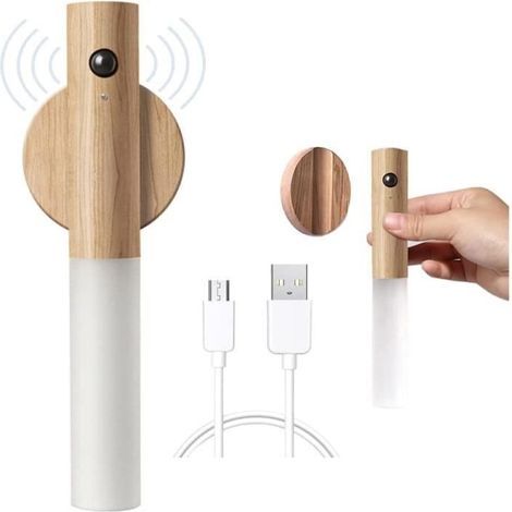 USB Rechargeable Wooden Wall Light with Motion Sensor, Indoor Wireless Battery Wall Lights White C[H4] (1/4)