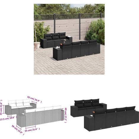 8-tlg. Garten-Sofagarnitur mit Kissen Schwarz Poly Rattan - Gartenmöbel - Outdoor Möbel - Rattan Gartenset - Lounge Set - Esstisch - Home & Living (1/3)
