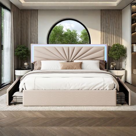Lit double 160 x 200 cm avec LED et 4 tiroirs, lit capitonné avec tête de lit réglable, sommier à lattes, tissu en lin, beige (1/5)
