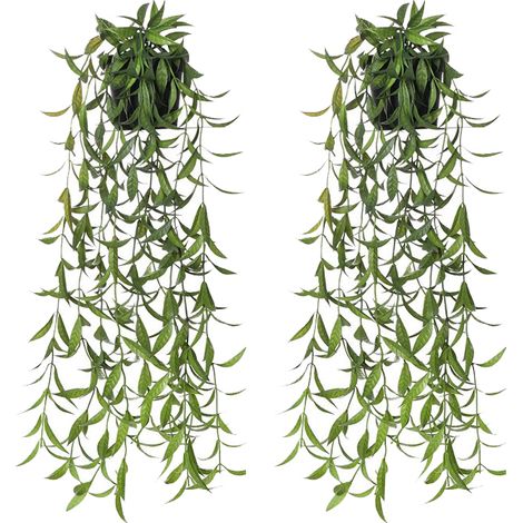 Plantes artificielles suspendues 2 pièces, fausses plantes de décoration murale intérieure, petites feuilles de thé vert clair spray blanc (1/5)