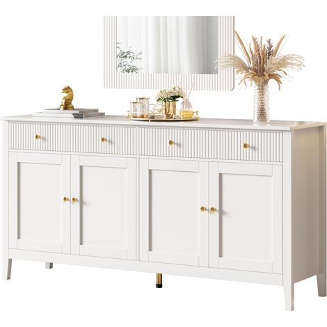Buffet Blanc 160×40×82cm – 2 Tiroirs + 4 Portes, Poignées Dorées, MDF, Étagères Réglables, Pour Salle à Manger/Salon/Cuisine
