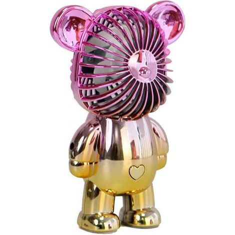 Wiederaufladbarer, tragbarer USB-Ventilator in Bärenform für Büro und Studentenwohnheim – Rot und Gold