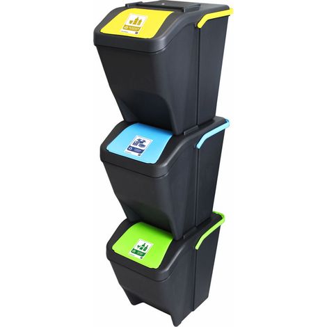 Set 3 Pattumiere per la Raccolta Differenziata 75L con Etichette carta plastica vetro sovrapponibili e modulabili componibili contenitori rifiuti (1/5)