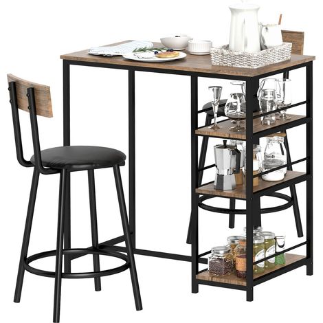 Bartisch mit Barhocker Set, 3-tlg. Bartisch-Set mit Küchentisch, 3 Ablagen, 2 Barstühlen, im Modern-Stil, Essgruppe für Esszimmer, Küche, Stahl, Eiche Aosom