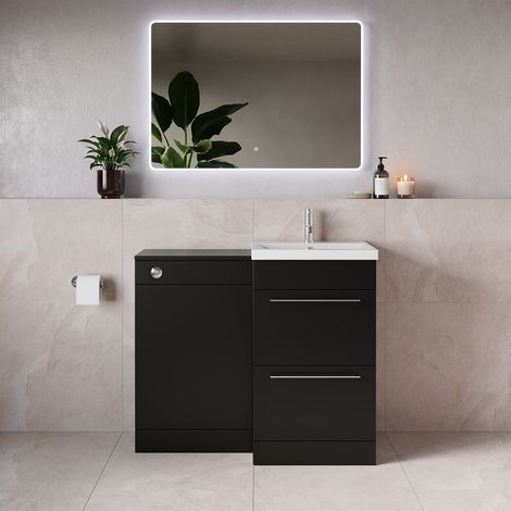 Napoli 390 Matt Black 1000mm 2 Drawer Vanity Unit Toilet Suite with Glide Basin - 1000mm - Chrome 320mm HandleWithout Kingston Toilet Pan