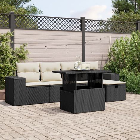 Ensemble Salon Jardin 6 Places Noir Résine Tressée avec Table Verre Trempé et Coussins Crème - Mobilier Extérieur Modulaire (1/5)