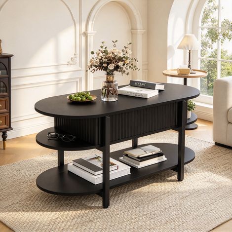 Table Basse Relevable 106×45×50cm avec Grand Coffre de Rangement Table de Salon Multi-niveaux Plateau Réglable Pieds Métal Doré Convient au salon et à la chambre à coucher - Noir (1/5)