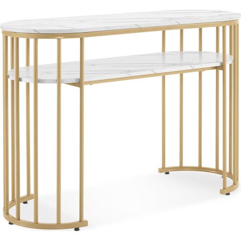 M MCombo Schreibtisch ohne Schubladen, Schminktisch ohne Spiegel Marmor-Weiß Gold, Manikürtisch, Nageltisch aus Holz Metallgestell, Computertisch Wohnzimmer Modern, 2482 (1/5)