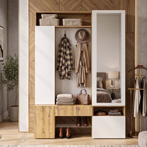 Creahappy Vestiaire d'Entrée avec Miroir 127x35x181 cm - Meuble à Chaussures et Penderie Gain de Place - Style Chêne et Blanc (1/5)